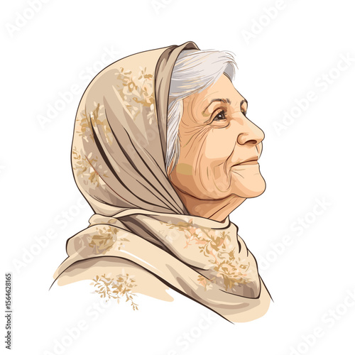 Mature woman in headscarf profile view white background illustration