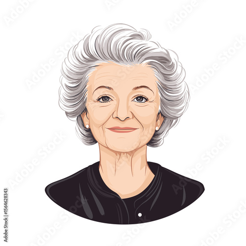 Mature woman with short gray hair smiling white background illustration
