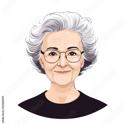 Mature woman with glasses smiling front view white background illustration