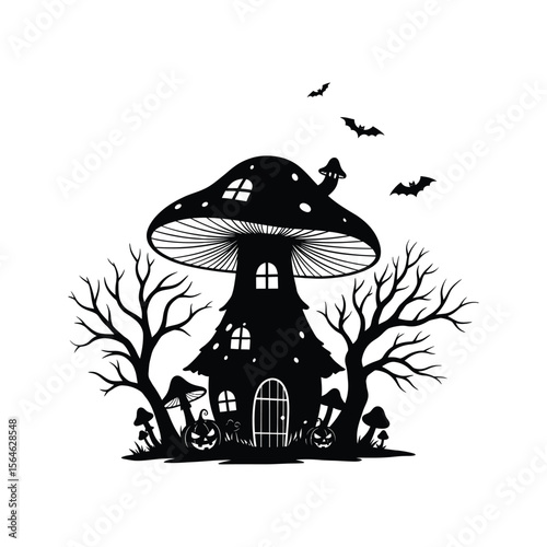 Spooky Mushroom House Halloween Silhouette Black and White Illustration Bats Pumpkins Trees