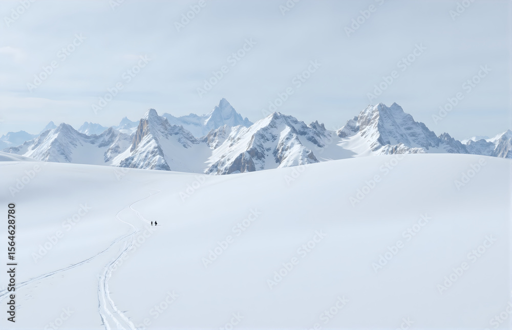 Fototapeta premium Walkers in the Snow - Covered Mountains