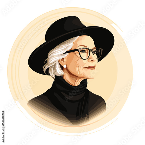 Stylish mature woman in black hat and glasses beige background illustration