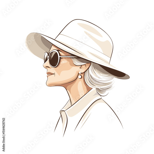 Elegant mature woman in wide-brim hat and sunglasses white background illustration
