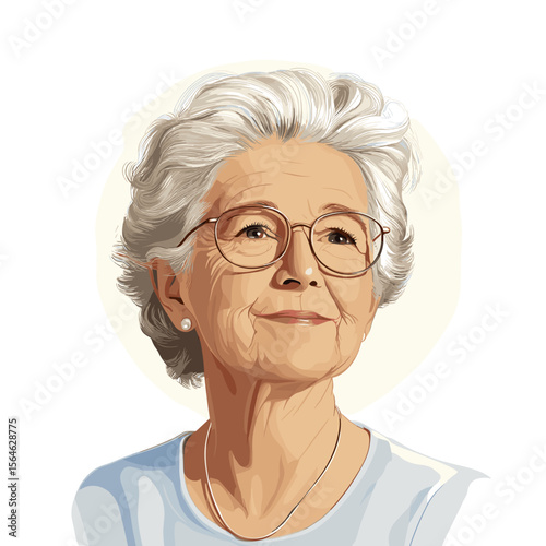 Mature woman with glasses smiling softly white background illustration