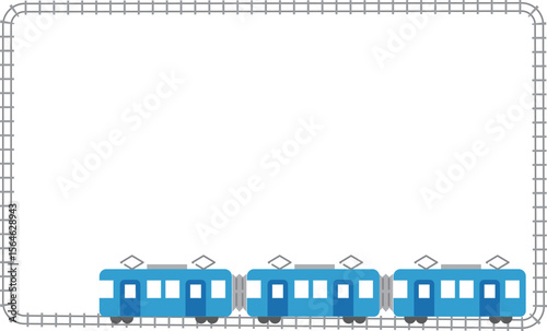 青い電車と線路のイラストフレーム背景素材