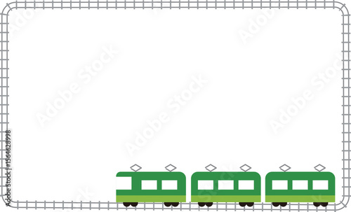 緑のローカル電車と線路のイラストフレーム背景素材