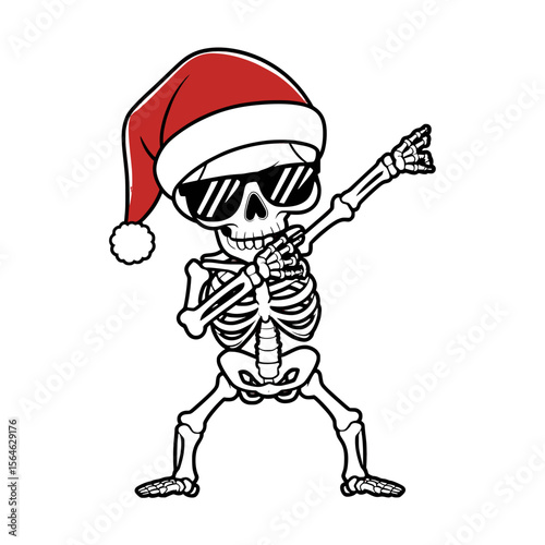 Cool skeleton dabbing with Santa hat cartoon, Funny cartoon skeleton wearing a Santa hat and sunglasses, striking a dab pose, perfect for festive and humorous holiday themes.

