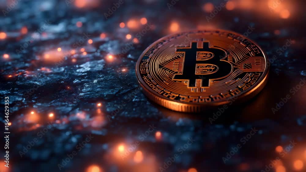 Cryptocurrency coin glowing dark textured surface with warm light reflections and golden digital coin with glowing orange lights symbolizing futuristic digital finance investment technology currency