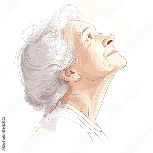 Mature woman looking up hopeful expression white background illustration