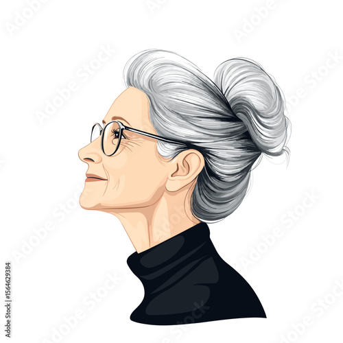 Elegant mature woman in glasses side view white background illustration