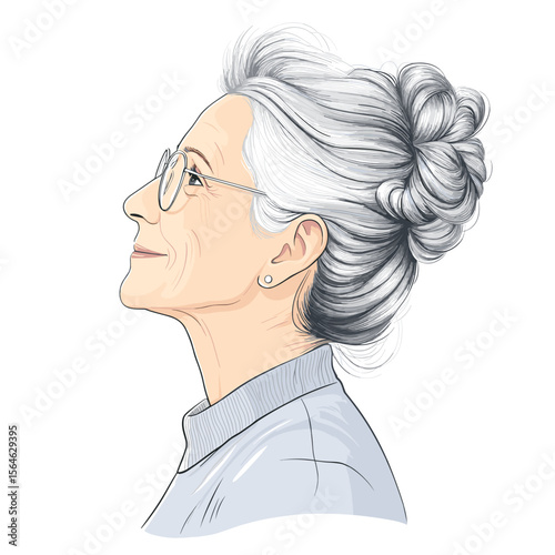 Mature woman in glasses smiling profile white background illustration