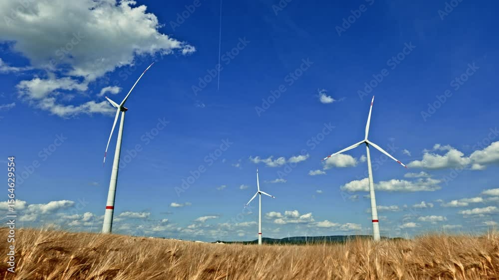 Wheat field with large windmills in Europe. Energy production by wind generators in the field. Agriculture with windmills turbines.