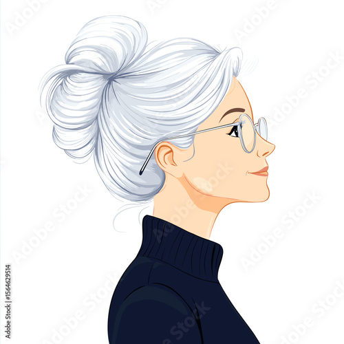 Mature woman profile with glasses and bun white background illustration