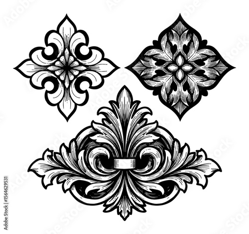 Ornate Quatrefoil Decoration Set Black and White Outline Line Art Drawing Classic Vintage Floral Scroll Elements