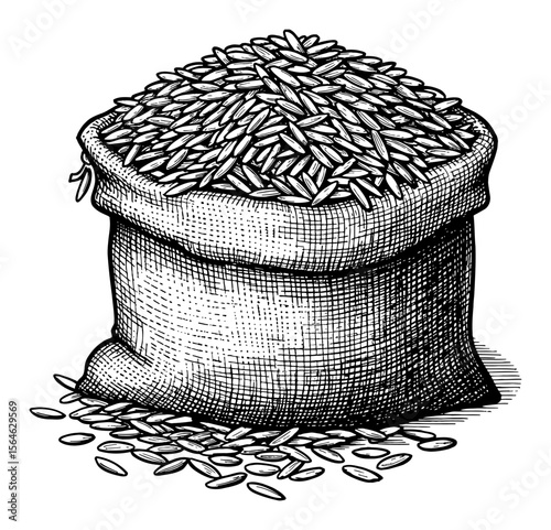 Full Sack of Rice Grains and Spilled Paddies Black and White Outline Line Art Drawing Vintage Style