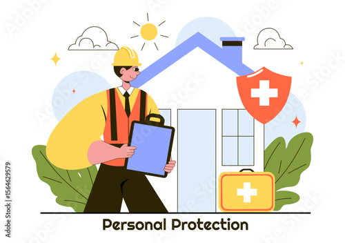 Personal Protection Vector Illustration Featuring Safety Equipment with a Construction Industrial Worker and Construction Tools in a Flat Background