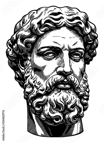 Bearded Man Head Statue Engraved Style Black and White Outline Line Art Drawing Vector Isolated Object