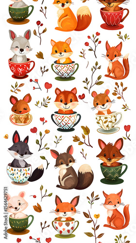Kawaii Teacup Animal Series Cute fox illustrations with cups and flowers. Pastel Pet-In-Cup Designs Adorable Miniature Creatures