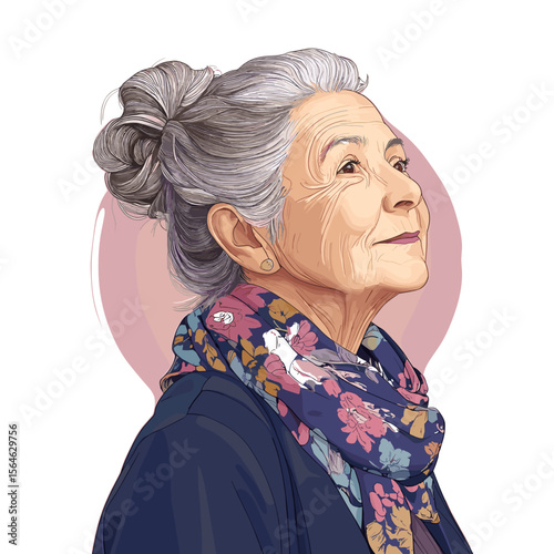 Mature woman looking up in floral scarf with pink circle background illustration