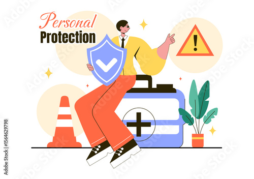 Personal Protection Vector Illustration Featuring Safety Equipment with a Construction Industrial Worker and Construction Tools in a Flat Background