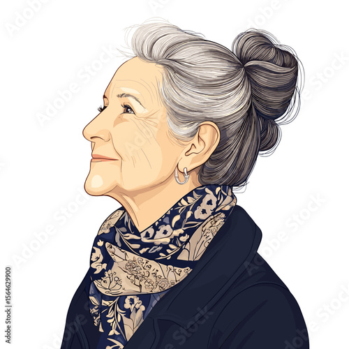  Mature woman looking up in scarf and coat white background illustration
