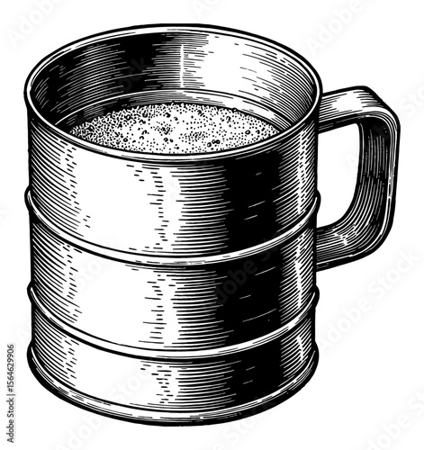 Vintage Antique Flour Sifter Full of Powdered Flour Black and White Outline Line Art Drawing Isolated