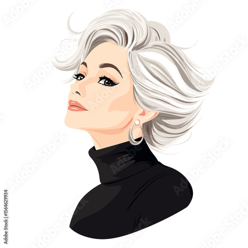 Confident mature woman posing in black turtleneck white background illustration