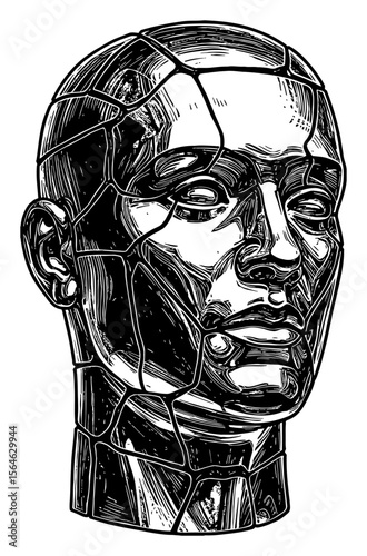 Fractured Man Head Statue Made of Shiny Metal Black and White Outline Line Art Drawing Illustration