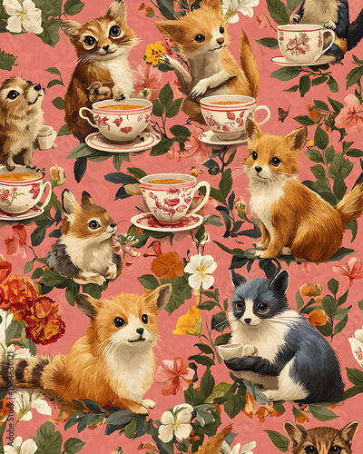 Kawaii Teacup Animal Series Adorable vintage animals among floral patterns. Pastel Pet-In-Cup Designs Adorable Miniature Creatures