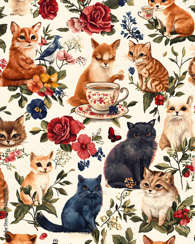Kawaii Teacup Animal Series Charming vintage pattern with playful kittens. Pastel Pet-In-Cup Designs Adorable Miniature Creatures