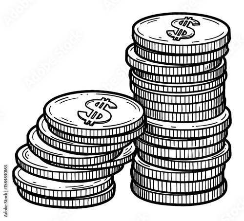 Financial Concept of Two Stacks of Coins with Dollar Symbol on Top Black and White Outline Line Art Drawing