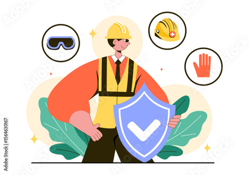 Personal Protection Vector Illustration Featuring Safety Equipment with a Construction Industrial Worker and Construction Tools in a Flat Background