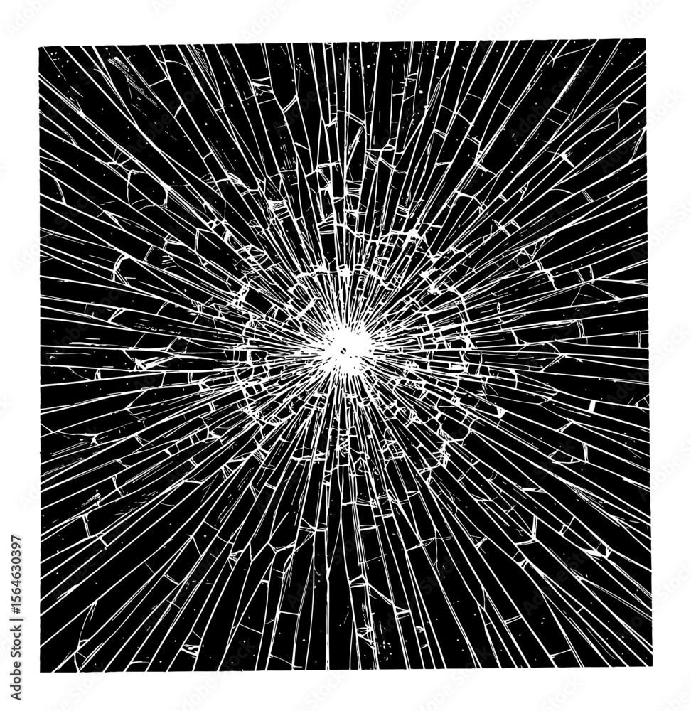 Obraz premium Intricate Fractured Glass Pattern with Radial Cracks Design Black and White Outline Line Art Drawing