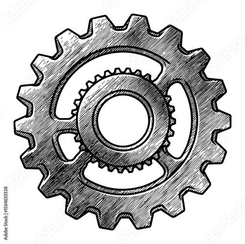 Black and White Outline Line Art Drawing of a Shiny Metal Industrial Gear Cogwheel Mechanism