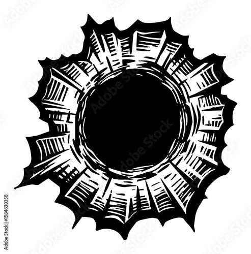 Bullet Hole Decal Impact Effect Shattered Textured Black and White Outline Line Art Drawing