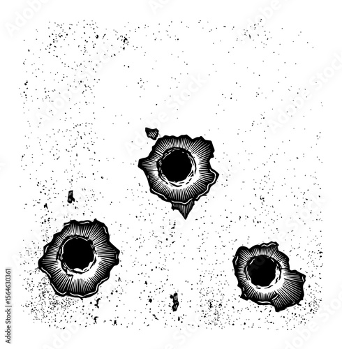 Three Bullet Hole Decals on Rusty Metal Surface Vintage Style Black and White Outline Line Art Drawing