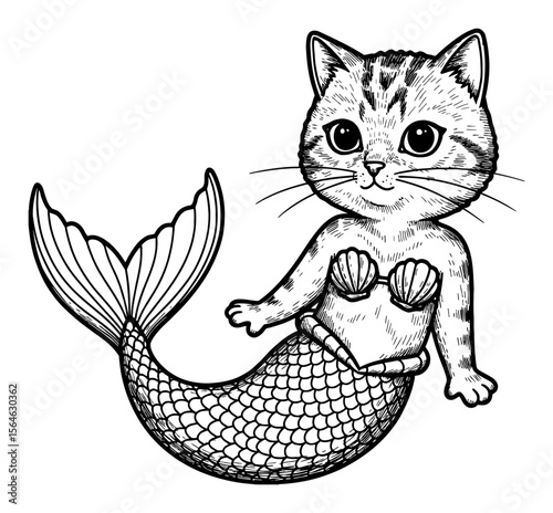 Cute Mermaid Cat Wearing Seashell Top Full Body Black and White Outline Line Art Drawing Illustration
