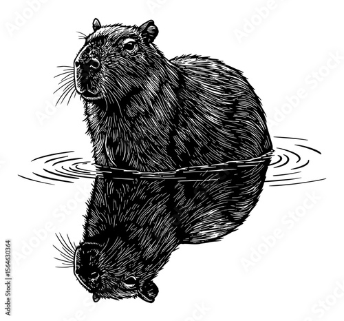 Capybara on Water with Reflection Front View Detailed Black and White Outline Line Art Drawing