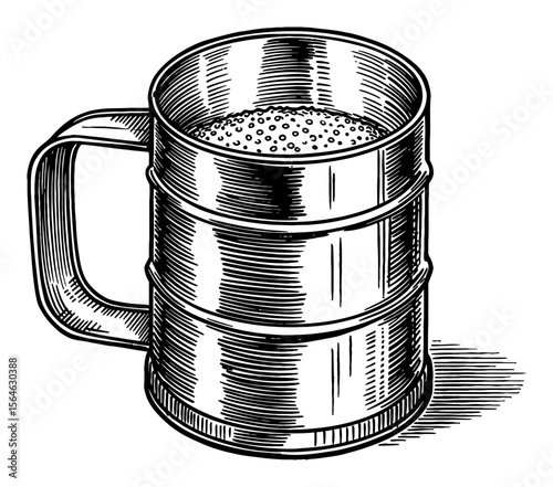 Vintage Flour Sifter with Handle Full of Powder Side View Black and White Outline Line Art Drawing