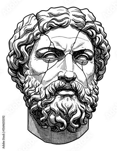 Fractured Bearded Man Head Statue Classical Black and White Outline Line Art Drawing Ancient Stone Bust Engraving
