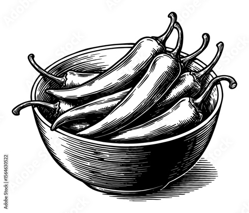 Spicy Hot Chili Peppers in Ceramic Bowl Black and White Outline Line Art Drawing Vintage Engraving Style Illustration