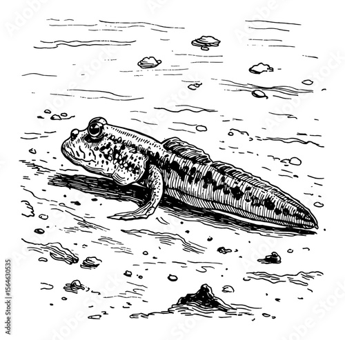 Detailed Mudskipper Fish Resting on Muddy Shoreline Black and White Outline Line Art Drawing Illustration