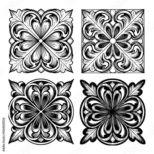 Quatrefoil Decoration Ornate Floral Patterns Set of Four Vintage Engraving Black and White Outline Line Art Drawing