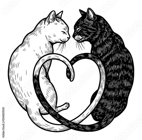Two Loving Cats Couple with Tails Forming Heart Shape Black and White Outline Line Art Drawing