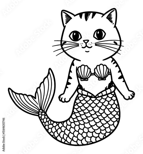 Cute Mermaid Cat Character with Seashell Bra Black and White Outline Line Art Drawing