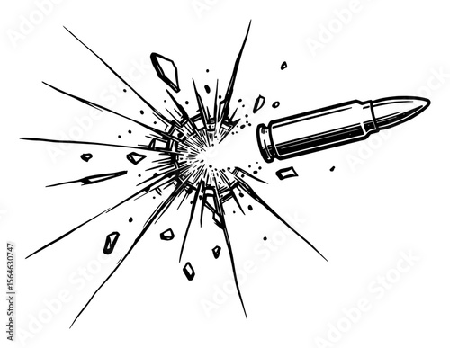 Bullet Hitting Breaking Broken Glass Shards Impact Black and White Outline Line Art Drawing