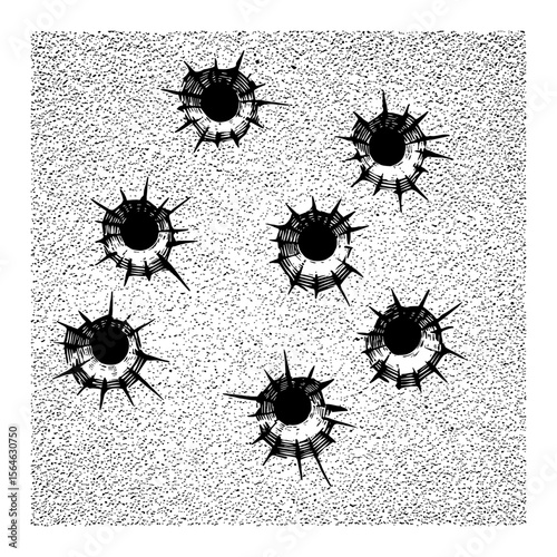 Multiple Bullet Hole Decals Damage on Textured Concrete Wall in Vintage Black and White Outline Line Art Drawing