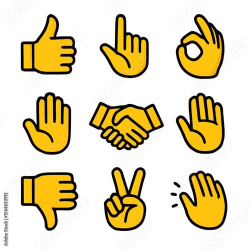 Collection of Diverse Hand Gestures Thumbs Up, Okay Sign, Handshake, and More - Vector Illustrations