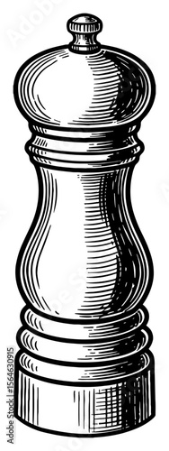 Modern Pepper Grinder Isolated Kitchen Utensil Black and White Outline Line Art Drawing Spice Tool