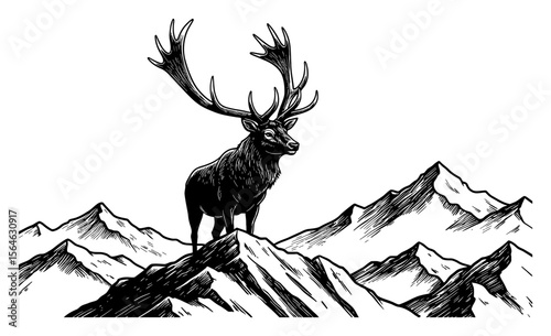 Majestic Antler Stag on a Rugged Mountain Peak Landscape Black and White Outline Line Art Drawing